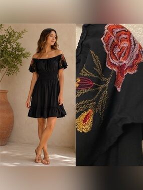 Feathers Black Embroidered Off Shoulder Boho Mini Dress Floral Rayon Large